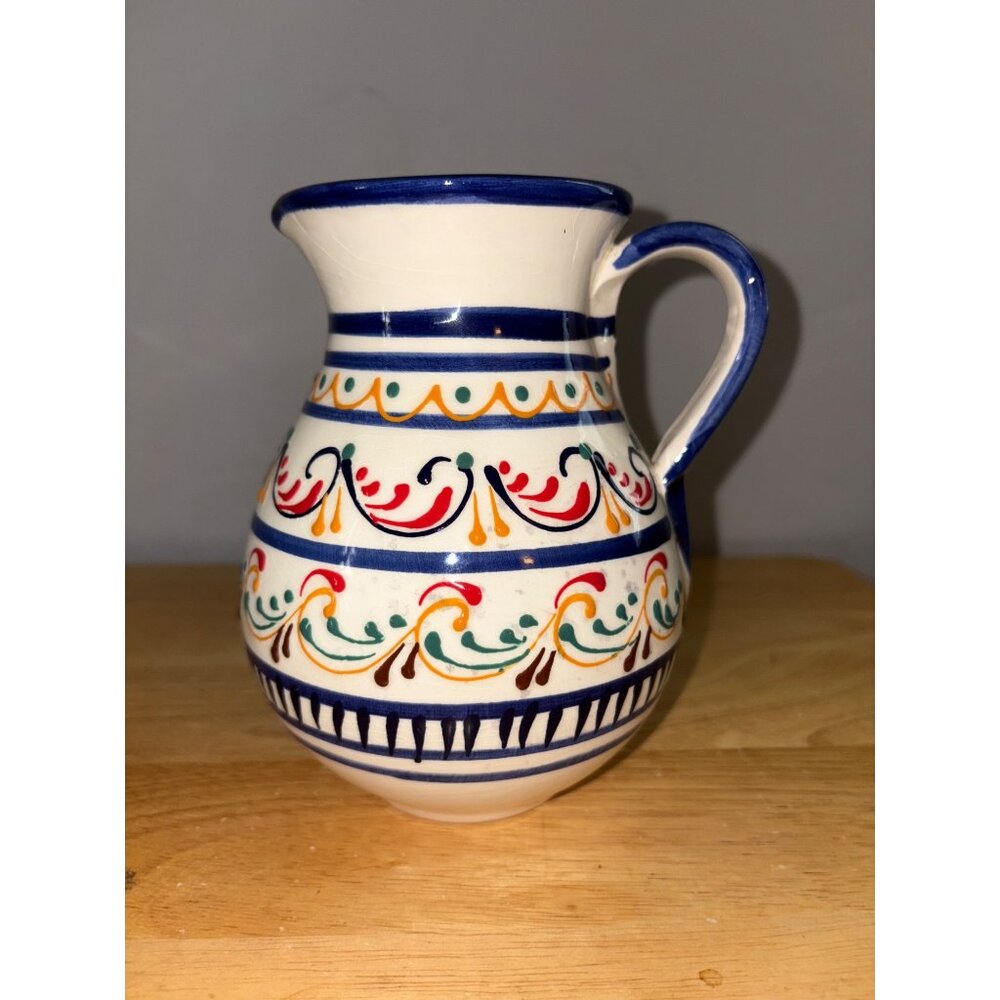 Handpainted Ceramic Pitcher Colorful Bold Vibrant 6" Blue Rim Handle Vase Spain